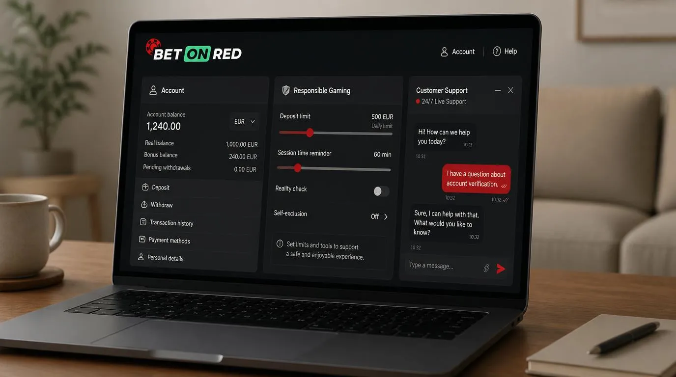 Casino-Konto mit Währungsauswahl, Optionen für verantwortungsbewusstes Spielen und Live-Chat