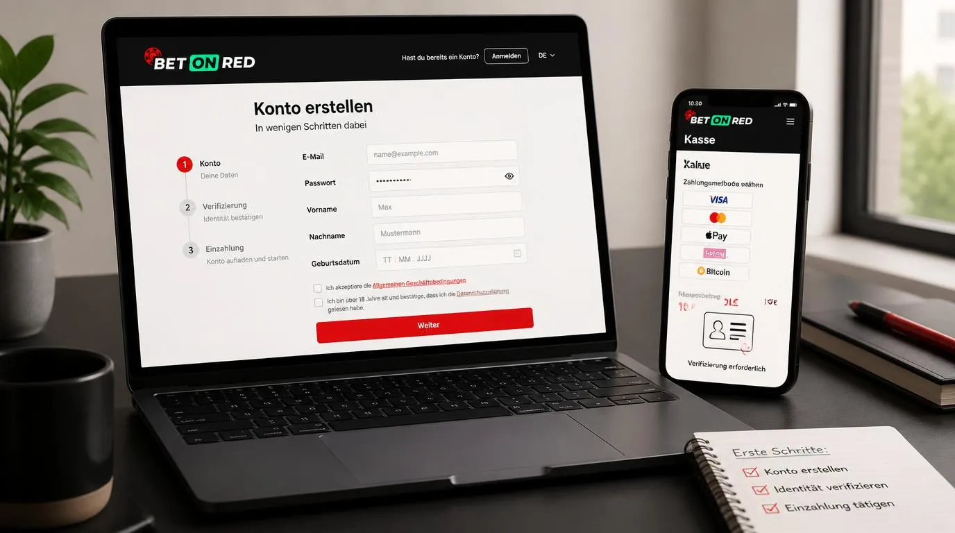 Laptop mit Registrierungsformular und Smartphone mit Kasse, Zahlungsmethoden und Hinweis zur Identitätsprüfung