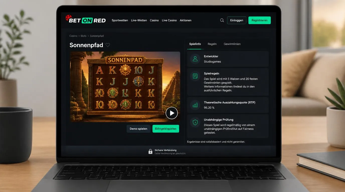 Casino-Spieloberfläche mit sichtbaren Angaben zu Entwickler, Spielregeln und unabhängiger Prüfung