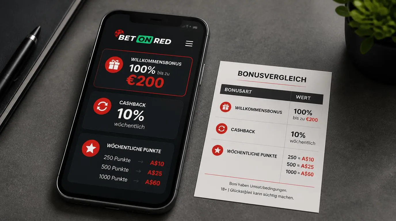Bonusübersicht auf einem Smartphone mit Willkommensangebot und wöchentlichen Punktestufen