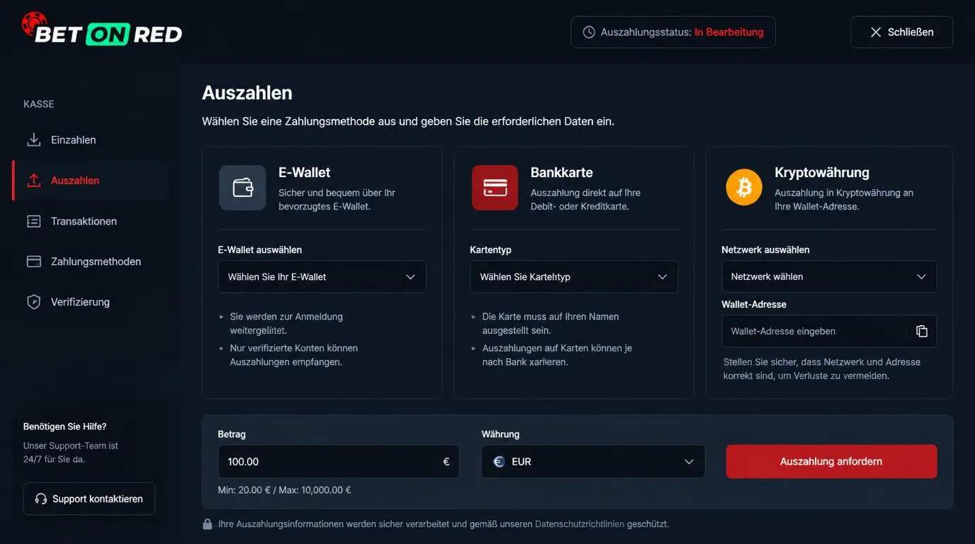 Kassenansicht mit E-Wallet, Karte und Kryptowährung sowie Feldern für Betrag und Auszahlungsstatus