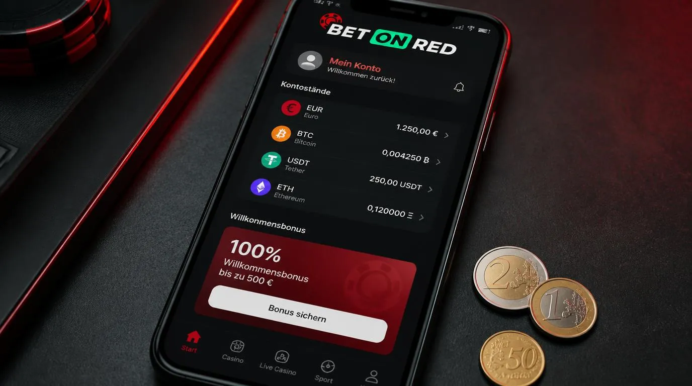 Mobilgerät mit Casino-Konto, Bonusanzeige und mehreren Währungen auf einer übersichtlichen Oberfläche